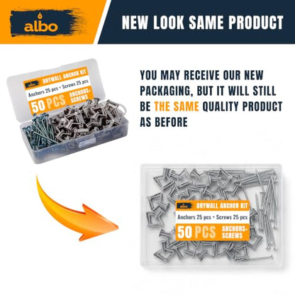 ALBO Drywall Anchor Kit Hollow Wall with Screws 50 pcs. (Grey Anchor 25pcs + Screws 25pcs) Plastic Hollow Wall Drilling Anchors - color: Grey 25pcs