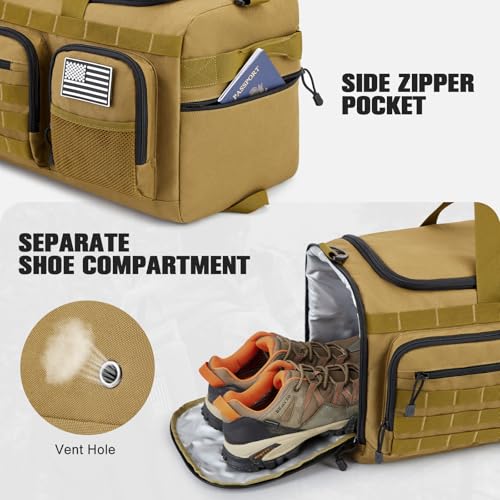 G4Free 3-in-1 Travel Duffle Bag for Men and Women, 50L Large Gym Sports Bags Tactical Military Duffle Backpack with Shoes Compartment and Wet Pocket (Khaki) - color: Khaki