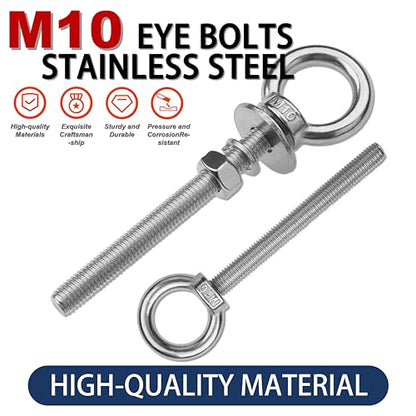 4 Pack M10 Stainless Steel Eye Bolts with Nuts, 3/8" x 4" Eye Bolts | 304 Stainless Steel Eye Bolt,Eye Bolts Heavy Duty for Hang Tie Down Outdoor,3/8 eye bolts with nuts,m10 eye bolts - size: M10x102mm (3/8"x4")