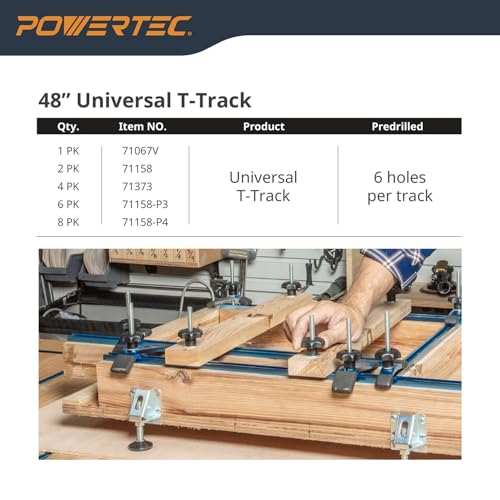 POWERTEC 71158 48 Inch Double-Cut Profile Universal T-Track with Predrilled Mounting Holes, T Track for Woodworking Jigs and Fixtures, Drill Press Table, Router Table, Workbench, 2 Count, Pack of 1 - size: 48" T track, 2PK