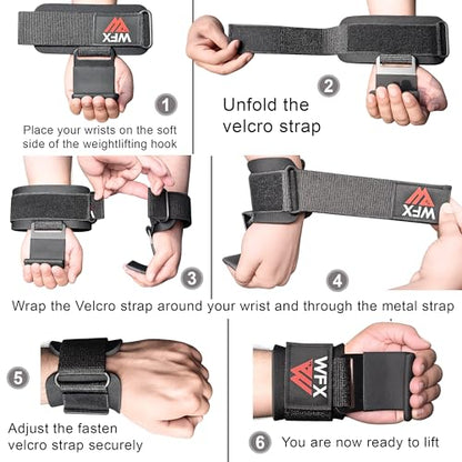 WFX Weight Lifting Hooks, Non-Slip Rubber Coated Grips, 7mm Neoprene Wrist Support Padding, Power Lifting Barbell Rows Dead Lifts Chin Pull Up Fitness Strength Training Straps Gym Workout Straps
