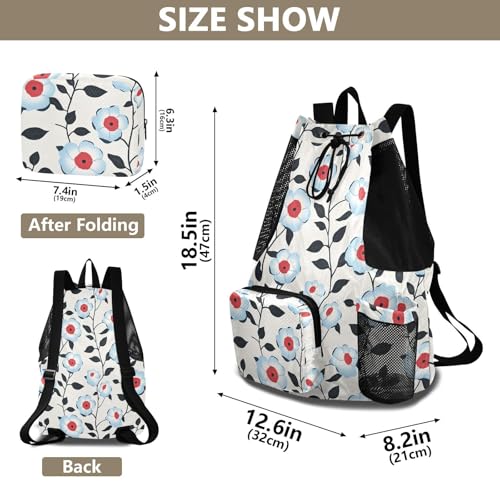 Drawstring Gym Bags For Men Women Climbing Gym Bag With Inside Pockets Cinch Back Sack Waterproof Light Blue Flora Pattern Minimalist Style Gray