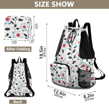 Drawstring Gym Bags For Men Women Climbing Gym Bag With Inside Pockets Cinch Back Sack Waterproof Light Blue Flora Pattern Minimalist Style Gray