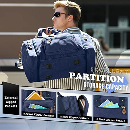 Gonex Canvas Duffle Bag for Travel 50L Expandable Duffel Weekend Overnight Bag men (Blue) - color: Blue, size: Large-50L (Without Shoe Compartment)