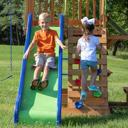 Backyard Discovery Beach Front Cedar Wood Swing Set with Wave Slide, Play Deck, Monkey Bars, Rock Wall Ladder, Shaded Picnic Area, Snack Bar, Belt Swings, Trapeze, Sandbox Area, Outdoor Playset - color: Multicolor
