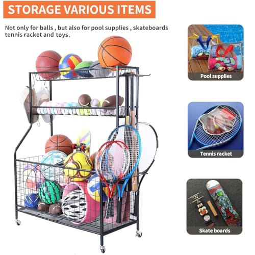 Garage Sports Equipment Organizer,Ball Storage Rack,Garage Organizer with Baskets and Hooks, Sports Gear Storage,Garage Ball Storage, Black