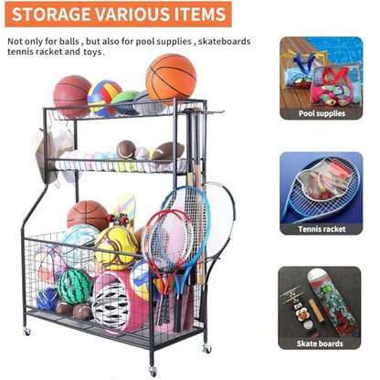 Garage Sports Equipment Organizer,Ball Storage Rack,Garage Organizer with Baskets and Hooks, Sports Gear Storage,Garage Ball Storage, Black