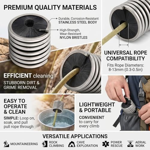 Yosoo Health Gear Rope Brush, Rope Cleaner Climbing, Nylon Stainless Steel Climbing Rope Cleaner, Black Rope Cleaning Brush for Rope Way Mountaineering Cave Exploration Aerial Work