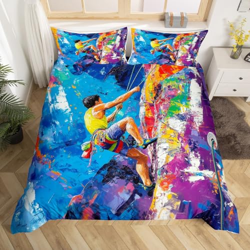 Erosebridal Watercolor Climber King Size Duvet Cover for Men Women, Rock Mountain Climbing Bedding Set, Colorful Bouldering Duvet Cover Set, Outdoor Extreme Sports Theme Bed Sets - color: Blue Purple, size: King(No Comforter)