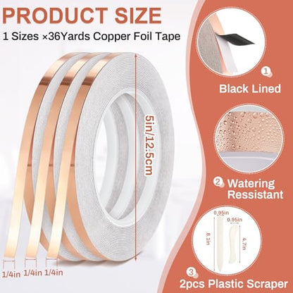 Innconee 5 Pcs Black Backed Copper Foil Stained Glass Black Lined Foil Copper 3 Sizes for Stained Glass Set Hand Supplies Craft Tools (1/4inx108ft X3) - size: 1/4inx108ft X3