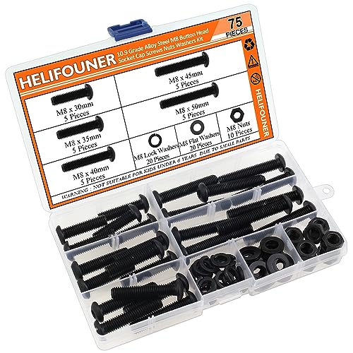 HELIFOUNER 75 Pieces M8 x 30mm /35mm /40mm /45mm /50mm, Button Head Socket Cap Metric Screws Bolts Washers Nuts Kit, 10.9 Grade Alloy Steel, Fully Threaded, Black - size: M8 x 30/35/40/45/50mm, style: Button Head