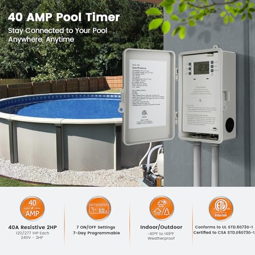 SURAIELEC Pool Timer, 7-Day Digital Pump Timer Switch, 40 AMP Heavy Duty, 120/240/277 VAC, 2HP Programmable Switch Box for Swimming Pool, Hot Water Heater, Lights, Outdoor/Indoor Use