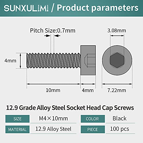 M4 x 10mm Socket Head Cap Screws Bolts 12.9 Grade Alloy Steel Metric Machine Hex Socket Screw, Black Oxide Finish, Fully Threaded, 100PCS - size: M4×10mm