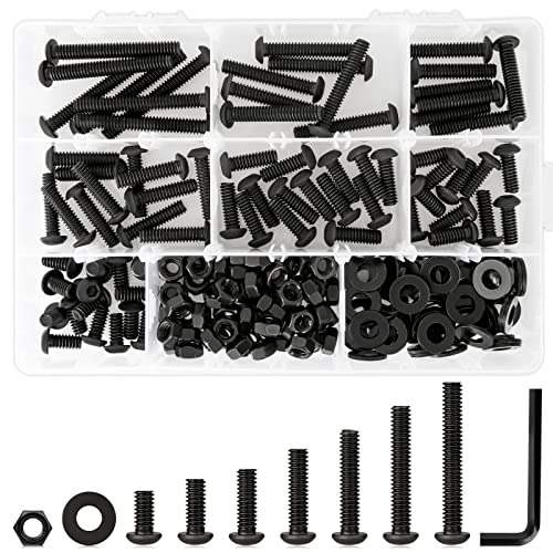1/4 20 Bolt and Nuts, 7 Sizes are 2", 1-1/2", 1-1/4", 1", 3/4", 5/8", 1/2", Button Head Hex Socket Cap Screws, Black, Full Machine UNC Thread, with Washers for Screws, 219Pcs Totally | Black UNC Full Threaded Machine Screws w/ Washers, 7 Length 2", 1-1/2"