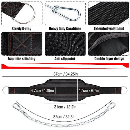 Fitness Dip Belt with Chain for Weight lifting, Dipping Pull Up Belt, Dip Belt Leather Attachment, Powerlifting, and Bodybuilding Workouts Belts, Comfortable Waist Support for Men & Women