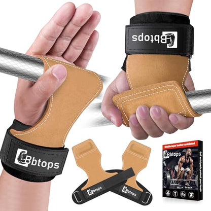 Weight Lifting Wrist Strap, Double-Layer Leather Wrist Straps for Gym Strength Training Weightlifting,Deadlift and Powerlifting, Enhance Grip Strength Neoprene Padding Gym Workout Lifting Straps Men/Women Pair - color: Brown