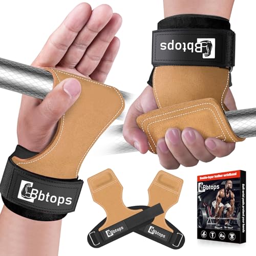 Weight Lifting Wrist Strap, Double-Layer Leather Wrist Straps for Gym Strength Training Weightlifting,Deadlift and Powerlifting, Enhance Grip Strength Neoprene Padding Gym Workout Lifting Straps Men/Women Pair - color: Brown