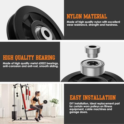 90mm/3.5" Nylon Bearing Gym Pulley Wheel, Universal Exercise Replacement Pulleys for Home Gym Equipment Parts, Cable Machine Accessories, Garage Door Pulley System - color: Black-12pcs