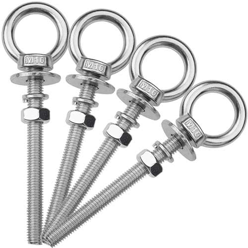 4 Pack M10 Stainless Steel Eye Bolts with Nuts, 3/8" x 4" Eye Bolts | 304 Stainless Steel Eye Bolt,Eye Bolts Heavy Duty for Hang Tie Down Outdoor,3/8 eye bolts with nuts,m10 eye bolts - size: M10x102mm (3/8"x4")
