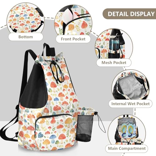 Drawstring Backpacks Climbing Gym Bag With Inside Pockets Pull String Bag Waterproof Autumn Mushrooms Watercolor