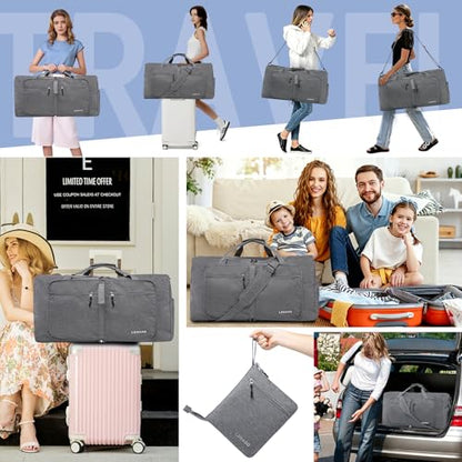 65L Foldable Duffle Bag with Shoe Compartment - Large Travel Duffel Bag for Men & Women, Packable Weekend Bag with Trolley Sleeve, Water-Resistant & Lightweight Gym Bag for Travel, Sports（Grey） - color: Grey