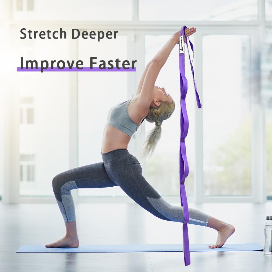 Stretching Strap Yoga Strap with Loops, Stretch Straps for Physical Therapy, Non-Elastic Exercise Strap for Pilates, Dance and Gymnastics with Workout Guide - color: Purple+Black