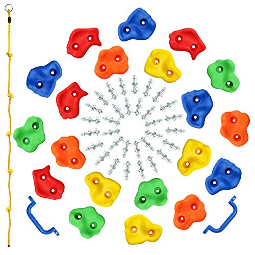 Rainbow Craft DIY Monkey Rock Climbing Holds for Kids - Wall Climbing Rocks of 20pc Rock Wall Holds, 2pc Handles & 1pc 8ft Knotted Climbing Rope - Kids Rock Climbing Holds Rock Wall Climbing Kit