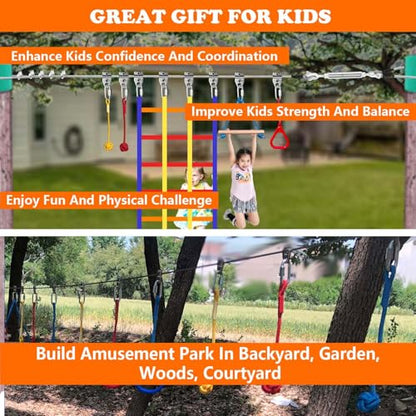 Ninja Warrior Obstacle Course for Kids Backyard Outdoor, 55ft Stainless Steel Main Cable, No Sagging, No Fraying, Weatherproof, 11 Pcs Training Accessories, Monkey Bar, Climbing Net, Swing - size: 55FT 11Pcs