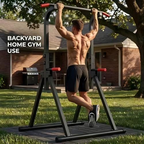 Power Tower, Foldable Dip Station & Pull Up Bar Stand, 6-Level Adjustable Height, 440lbs Heavy-Duty Strength Training Equipment for Home Gym