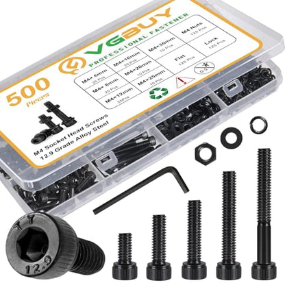 VGBUY 500Pcs M4 Screw Kit, Black M4 Screws (7 Sizes 6-30mm), Assorted Metric Nuts and Bolts Assortment Kit, Hex Socket Head Cap 6/8/12/16/20/25/30mm with Washer Nuts, 12.9 Grade - size: M4x6/8/12/16/20/25/30mm, style: Socket Head