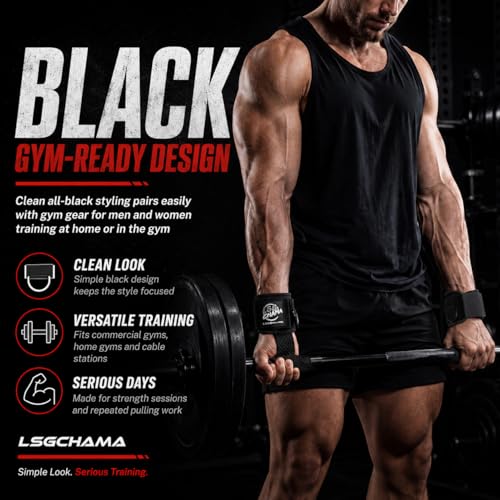Weight Lifting Straps with D Rings, Cuffed Wrist Support for Deadlifts, Pull-Ups and Cable Machine Workouts, Padded Gym Lifting Straps for Men and Women, Black