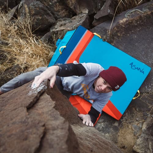 Asana Superhero Bouldering Crash Pad - Deluxe Suspension, Triple Layer Dual Density Foam Structure, Heavy Duty Nylon - Premium Rock Climbing Crash Mat with Huge Landing Zone (57x40x4)