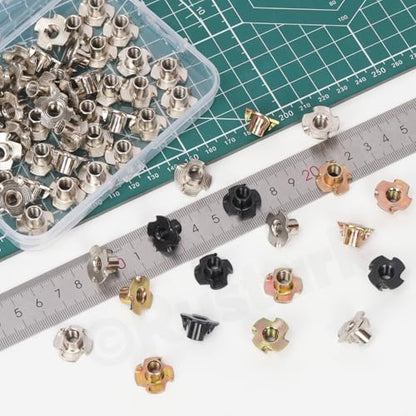 50Pcs M6x10mm Yellow Zinc Four-jaw Tee Nuts Assortment Kit Metric T Nut 4 Pronged Tee Blind Nuts Threaded Insert for Wood Furniture Rock Climbing Holds Cabinetry - style: yellow zinc 6x10MM 4-pronged tee nuts