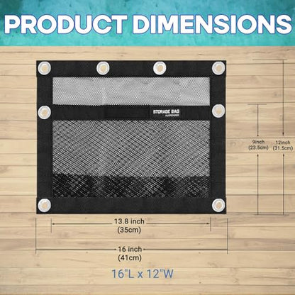 Boat Storage Bag,Polyester Boat Mesh Suspended Storage Bag,Black Boats Storage Mesh Pocket,Boat Seat Storage Bag for Leaning Post with 6 Positioning Elastic Loops. (16" L x 12" W) - size: 16"L x 12"W