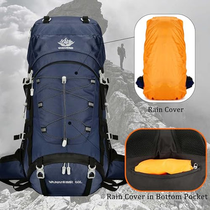 60L Travel Hiking Camping Backpack with Rain Cover, Backpack Water Resistant,Climbing Backpack for Men Women - color: Deep Blue