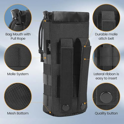Molle Water Bottle Holder, Upgraded 1000D Nylon Tactical Molle Water Bottle Pouch, Sports Water Bottle Bag Bottom Mesh Lining Hydration Carrier for Camping, Climbing, Hiking and Travelling - color: Black-2pack
