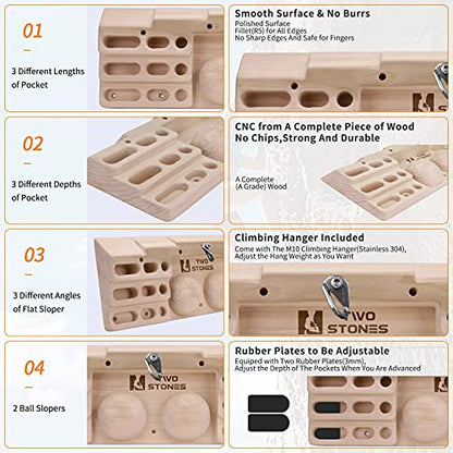 Two Stones Wooden Hangboard Rock Climbing Pull Up Bar Designed Training for Climbing, Wooden Fingerboard Climbing Training Board for Building Core Strength and Endurance (CJ-HB2003)