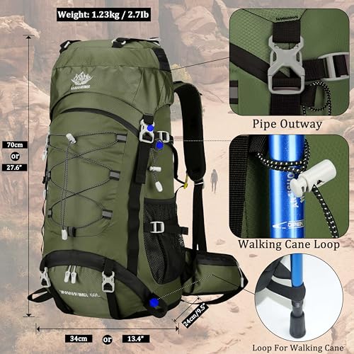 60L Travel Hiking Camping Backpack with Rain Cover, Backpack Water Resistant,Climbing Backpack for Men Women - color: Deep Green