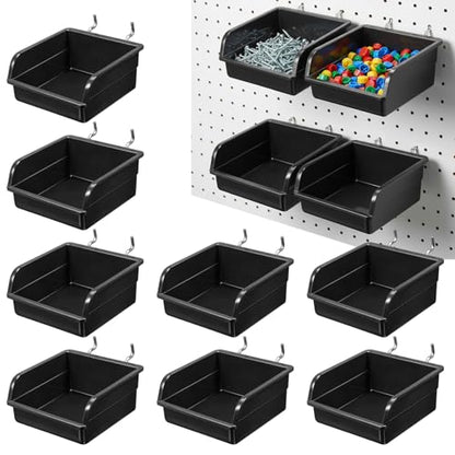 12 Pack Black Pegboard Bins with Metal Hooks, Heavy Duty Slatwall Bins Plastic Storage Organizer Pegboard Tools Organizer for Garage Workshop Craft Room Hardware Tools