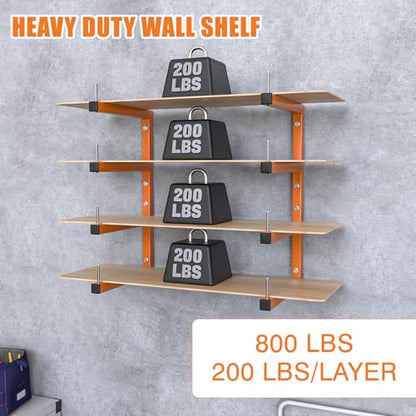 2-Pack Lumber Storage Rack, Wood Storage Racks Wall Mount, Heavy Duty Garage Wood Organizer With 4-Level System, Orange Utility Rack Organization Up 800 Lbs, Metal Lumber Shelf for Indoor and Outdoor - style: E– 2 Pack, 4-Tier