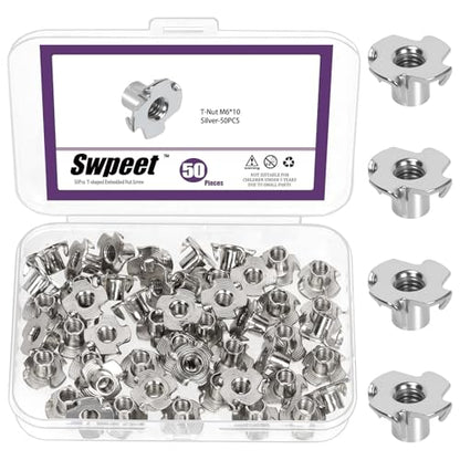 Swpeet 50Pcs M6×10 Nickel Plated T-Nuts, 4-Pronged Tee Nut, Threaded Inserts, T-Nut Wood Insert for Furniture, Cabinet, Wood, Rock Climbing Holds - color: Nickel Plated