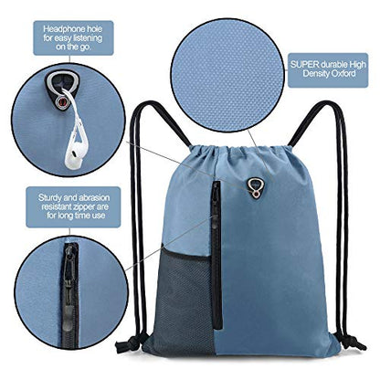BeeGreen Blue Drawstrings Backpack Gym Sack For Men With Water Bottle Pocket &Front Zippered Pocket Large Sting Bags For WomenTraveling Yoga Beach Outdoor Gym - color: Blue Haze, style: Drawstring With Mesh Pocket