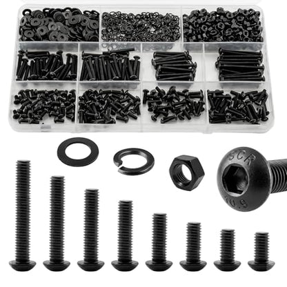 1000Pcs M3 Screws Assortment Kit, M3x6/8/10/12/16/20/25/30 mm Hex Socket Button Head Assorted Set, Machine Screws with Nuts & Washers, 10.9 Grade Alloy Steel Black for 3D Printing - size: M3 Button 10.9 - 1000PCS