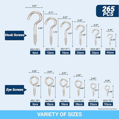 265-Piece Zinc-Plated Screw Eyes & Hooks Assortment Kit, 11 Sizes Self-Tapping Metal Eyelet Screws, 3/4"–2-1/16" for Hanging, Crafts & DIY