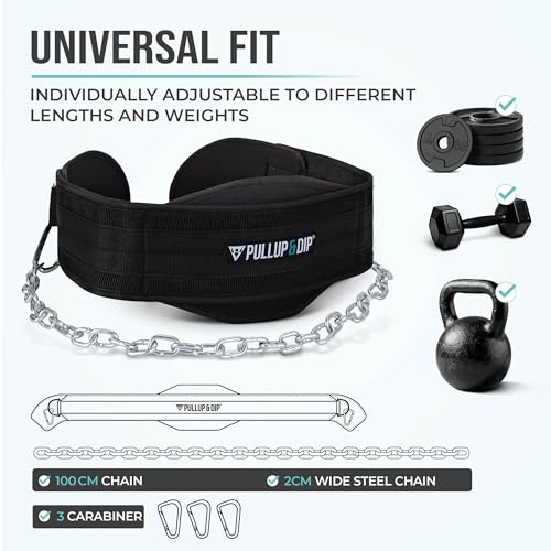 PULLUP & DIP Weightlifting Belt for and additional Strength and Muscle Building, Weight Belt with Steel Chain & 3x Carabiner, Dip Belt for Calisthenics, Weight Training, Training at Home and Bodybuilding