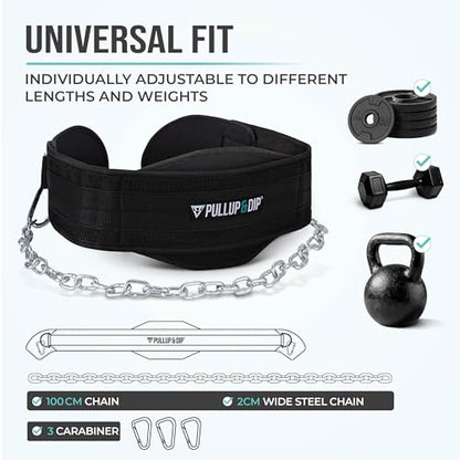 PULLUP & DIP Weightlifting Belt for and additional Strength and Muscle Building, Weight Belt with Steel Chain & 3x Carabiner, Dip Belt for Calisthenics, Weight Training, Training at Home and Bodybuilding