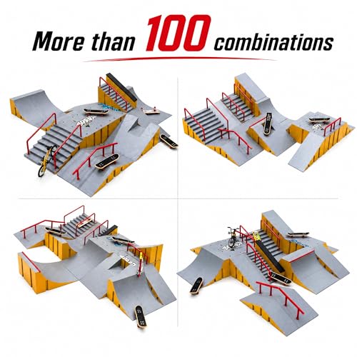 14-in-1 Fingerboard Skate Park Toy Set for Kids with 8 Skateboards and Bike | Modular fingerboard skatepark, Multiple layouts, Smooth-edge ABS ramps, Half pipe and rails, Fits most standard fingerboards - color: 14in1-yellow