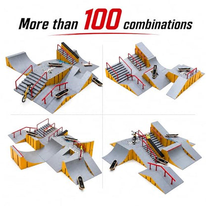 14-in-1 Fingerboard Skate Park Toy Set for Kids with 8 Skateboards and Bike | Modular fingerboard skatepark, Multiple layouts, Smooth-edge ABS ramps, Half pipe and rails, Fits most standard fingerboards - color: 14in1-yellow