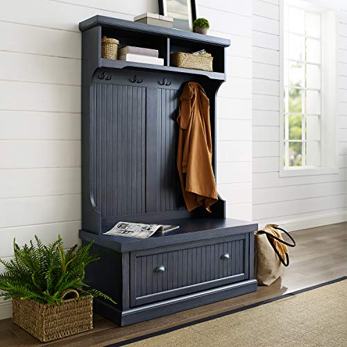Crosley Furniture Seaside Hall Tree with Shoe Rack Bench and Coat Hooks for Hanging Storage, Distressed Navy - color: Distressed Navy, style: Hall Tree