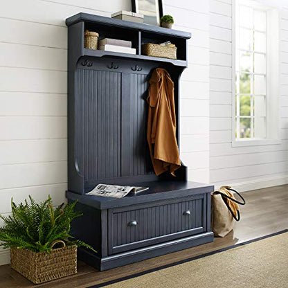 Crosley Furniture Seaside Hall Tree with Shoe Rack Bench and Coat Hooks for Hanging Storage, Distressed Navy - color: Distressed Navy, style: Hall Tree